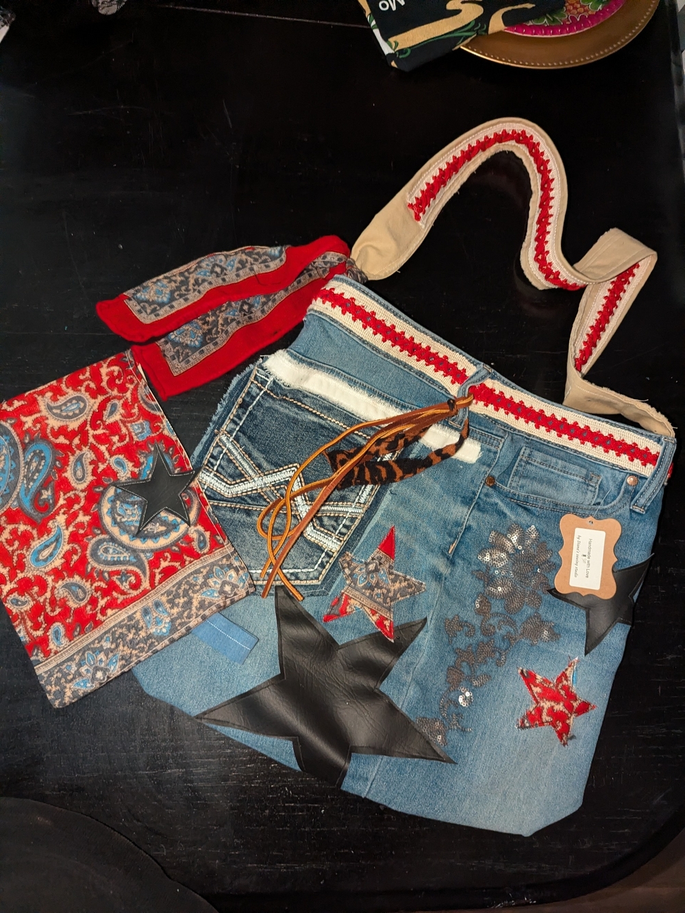 Denim Star Patch Crossbody Tote with Red Trim